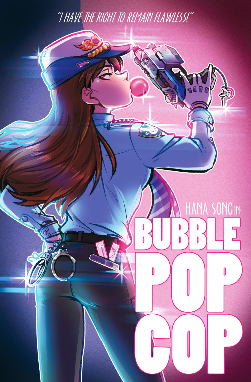 1girl, alternate_costume, ass, blue_shirt, brown_eyes, brown_hair, bubble_blowing, charm_(object)