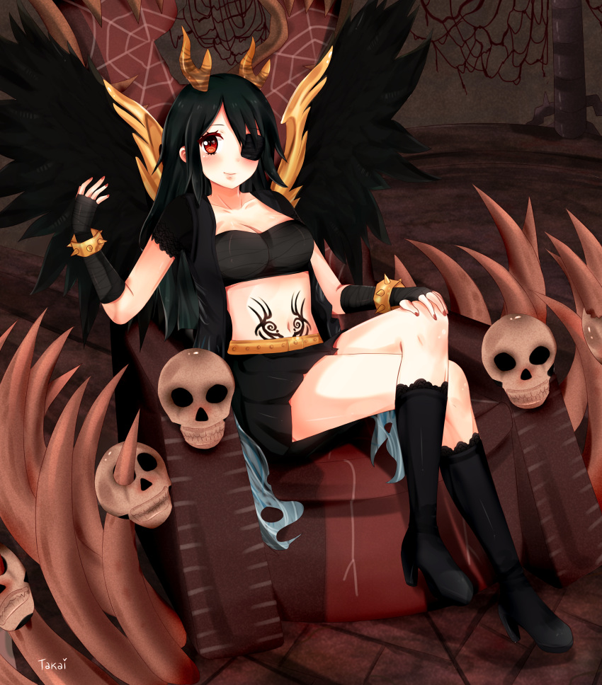 1girl, absurdres, artist_name, black_eyepatch, black_gloves, black_hair, black_jacket, black_legwear
