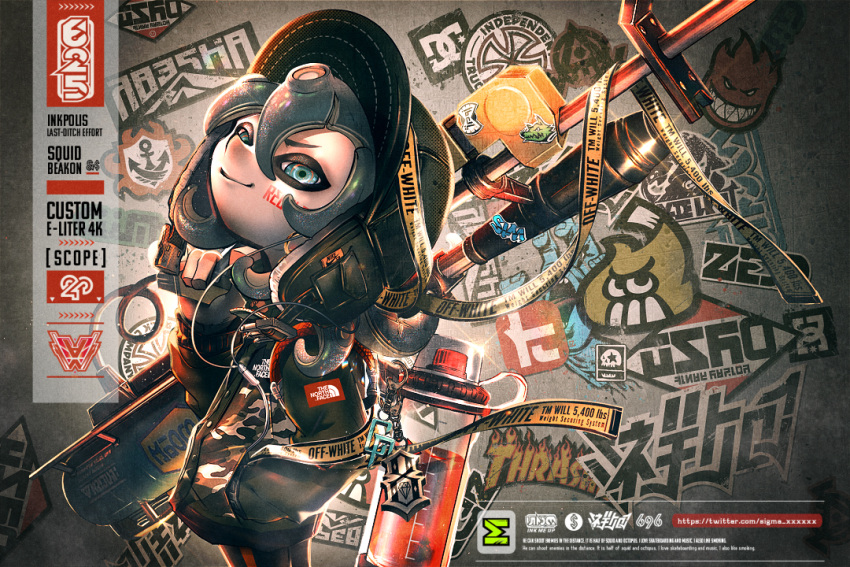 1girl, aviator_cap, decal, e-liter_4k_(splatoon), english_text, gun, hand_in_pocket, ink_tank_(splatoon), keychain, nasaxxxx, octoling, over_shoulder, rifle, scope, smile, sniper_rifle, splatoon_(series), splatoon_2, tentacle_hair, twitter_username, weapon, weapon_over_shoulder