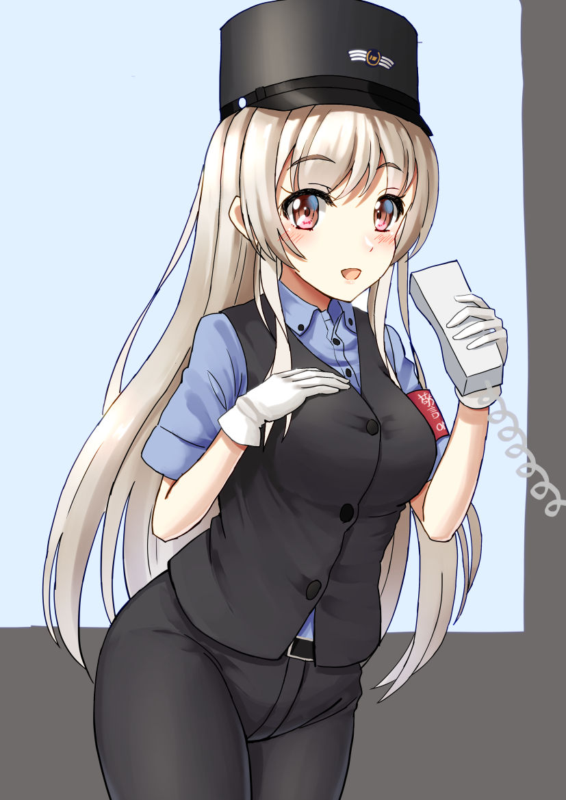 1girl, armband, black_pants, black_vest, commentary, corded_phone, cosplay, employee_uniform