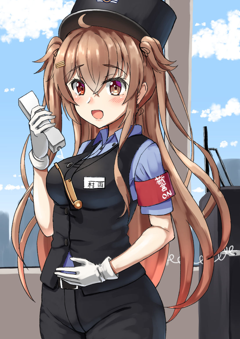 1girl, armband, black_pants, black_vest, brown_eyes, commentary_request, corded_phone, cosplay