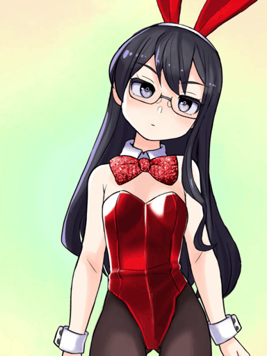 1girl, animal_ears, animated, animated_gif, ass_visible_through_thighs, black_hair, black_legwear, blue_eyes, bow, bowtie, bunny_girl, bunnysuit, commentary_request, contrapposto, cowboy_shot, detached_collar, fake_animal_ears, frown, glasses, gradient, gradient_background, hairband, head_tilt, kantai_collection, leotard, long_hair, looking_at_viewer, mizuki_kyouto, ooyodo_(kantai_collection), pantyhose, rabbit_ears, red_leotard, red_neckwear, semi-rimless_eyewear, solo, strapless, strapless_leotard, under-rim_eyewear, wrist_cuffs