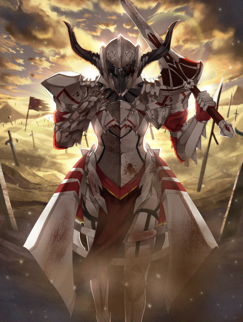 1girl, armor, blood, bloody_clothes, breastplate, clouds, commentary, fate/apocrypha, fate/grand_order, fate_(series), feet_out_of_frame, flag, gauntlets, helmet, holding, holding_sword, holding_weapon, horns, ihan, mordred_(fate), mordred_(fate)_(all), outdoors, sand, shoulder_plates, solo, spiked_gauntlets, standing, sunset, sword, torn_flag, weapon