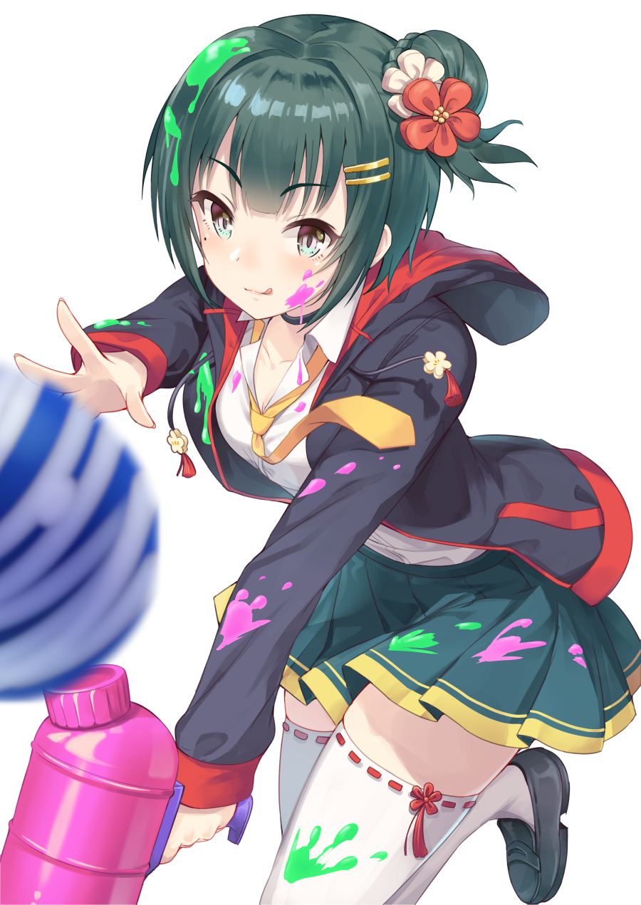 1girl, ball, black_collar, black_footwear, black_hair, black_jacket, black_skirt, blush, breasts, channel_tokiwa_kaname, closed_mouth, collar, collarbone, commentary_request, cowboy_shot, flower, hair_between_eyes, hair_bun, hair_flower, hair_ornament, hairclip, highres, holding, hood, hooded_jacket, jacket, loafers, necktie, open_clothes, open_jacket, paint, paint_in_hair, paint_on_clothes, paint_on_face, pleated_skirt, red_eyes, red_jacket, ribbon-trimmed_legwear, ribbon_trim, shirt, shoes, simple_background, skirt, small_breasts, solo, tamakaga, thigh-highs, tokiwa_kaname, tongue, tongue_out, virtual_youtuber, water_gun, white_background, white_legwear, white_shirt, yellow_neckwear, yellow_skirt