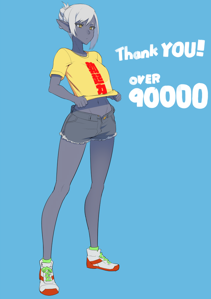 1girl, blue_background, clothes_writing, commentary, cutoffs, denim, denim_shorts, full_body