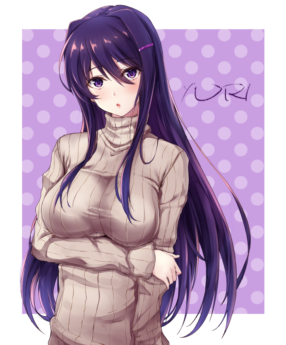 1girl, :o, arm_at_side, arm_under_breasts, bangs, beige_sweater, blush, breasts, character_name, doki_doki_literature_club, eyebrows_visible_through_hair, hair_between_eyes, hair_ornament, hairclip, large_breasts, long_hair, long_sleeves, looking_at_viewer, open_mouth, polka_dot, polka_dot_background, purple_background, purple_hair, puru_(ex-150), ribbed_sweater, sidelocks, simple_background, solo, sweater, turtleneck, turtleneck_sweater, very_long_hair, violet_eyes, yuri_(doki_doki_literature_club)