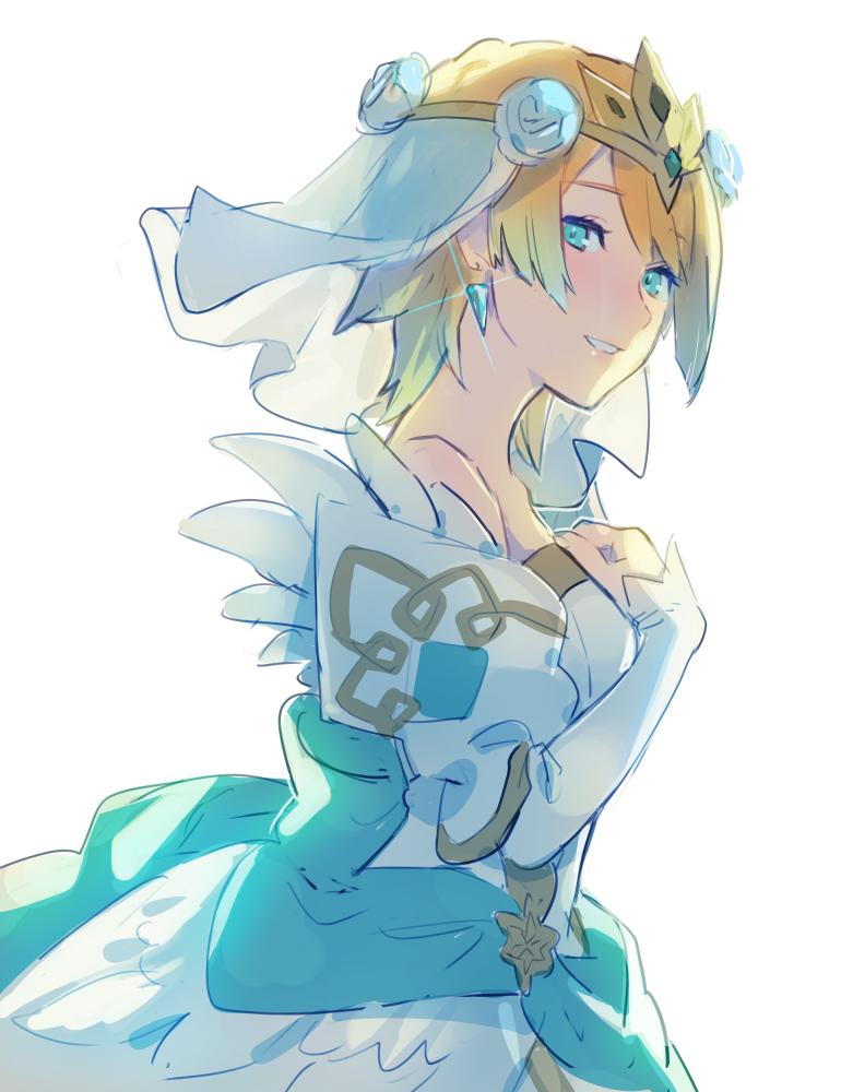 1girl, aisutabetao, bare_shoulders, blonde_hair, blue_flower, blue_hair, bridal_veil, bride