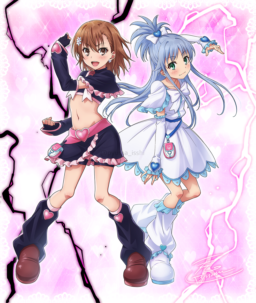 2girls, bike_shorts, black_gloves, black_shorts, black_skirt, black_sleeves, blue_hair, blush