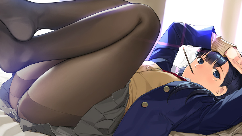 1girl, bangs, beige_cardigan, blue_eyes, blue_hair, blue_jacket, blush, breasts