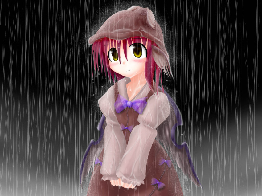 blush, des, dress, hat, highres, mystia_lorelei, pink_hair, rain