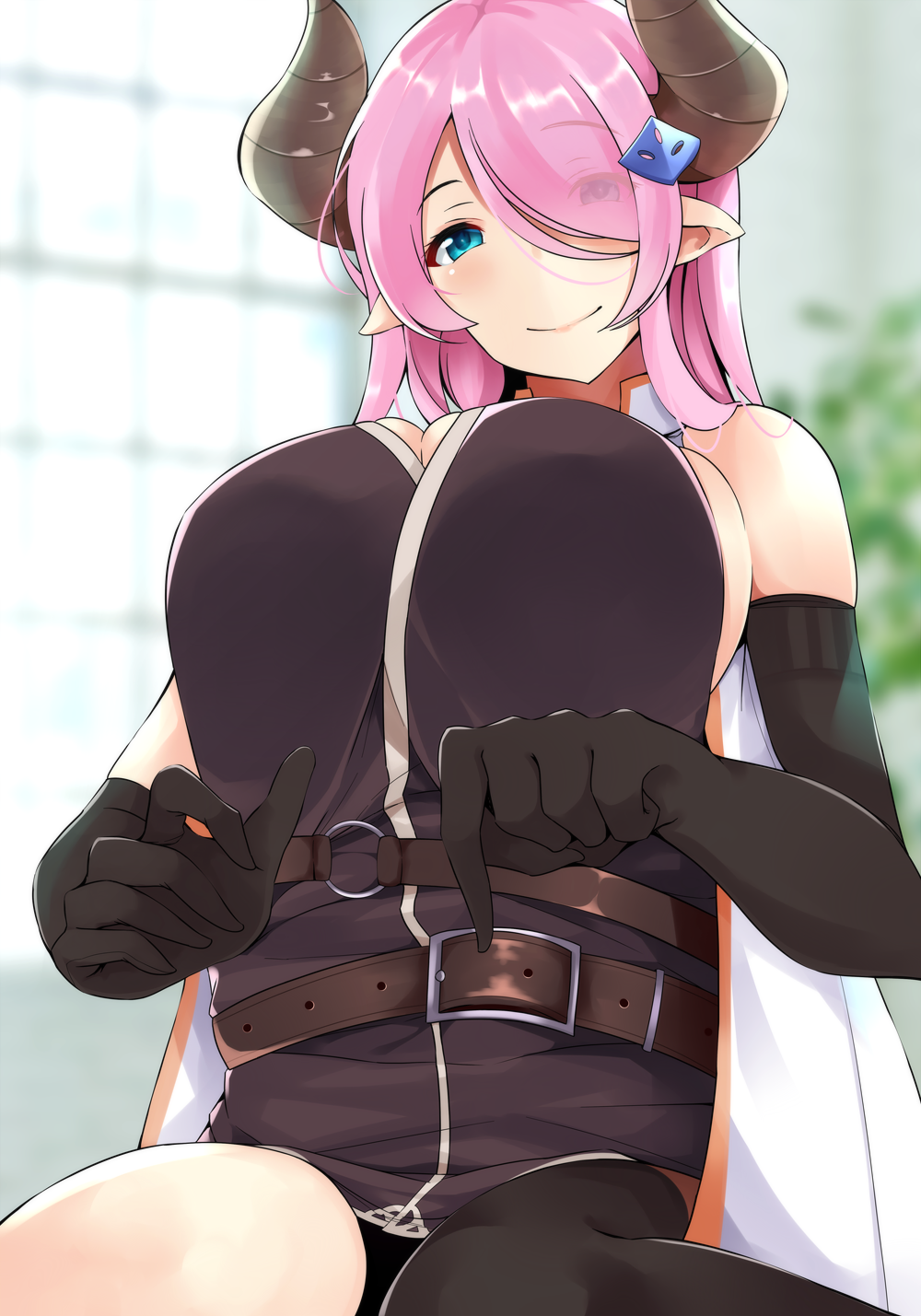 1girl, asymmetrical_gloves, bare_shoulders, black_gloves, black_legwear, blue_eyes, blush, breasts