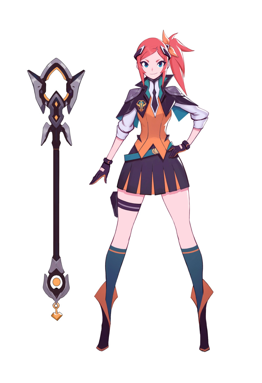 1girl, absurdres, bad_id, bad_twitter_id, battle_academia_lux, black_footwear, black_gloves, black_neckwear, black_skirt, blue_eyes, bow, closed_mouth, commentary, gloves, gradient, gradient_legwear, green_legwear, hand_on_hip, headgear, heart, highres, keychain, league_of_legends, liyart, luxanna_crownguard, medium_hair, multicolored, multicolored_clothes, multicolored_gloves, multicolored_legwear, necktie, orange_bow, orange_gloves, short_eyebrows, side_ponytail, simple_background, skirt, sleeves_rolled_up, smile, solo, standing, thigh-highs, thigh_strap, tied_hair, turtleneck, wand, weapon, white_background