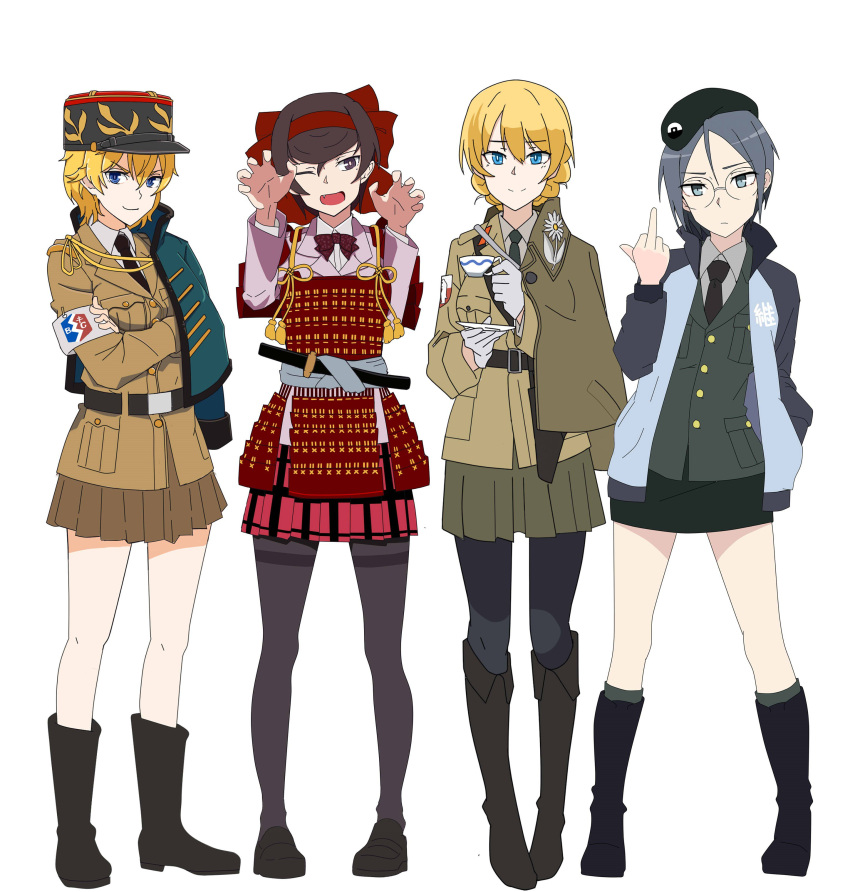 4girls, absurdres, armor, asparagus_(girls_und_panzer), bc_freedom_military_uniform, belt, blonde_hair, blue_eyes