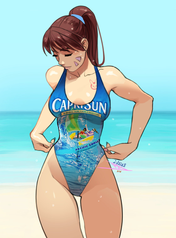 1girl, adjusting_clothes, adjusting_swimsuit, bangs, beach, blue_sky, blue_swimsuit, breasts