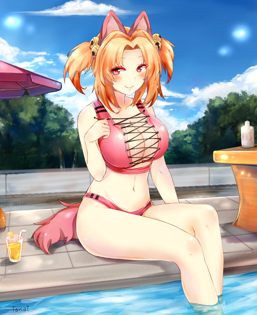1girl, absurdres, animal_ears, artist_name, bangs, bell, blonde_hair, blue_sky
