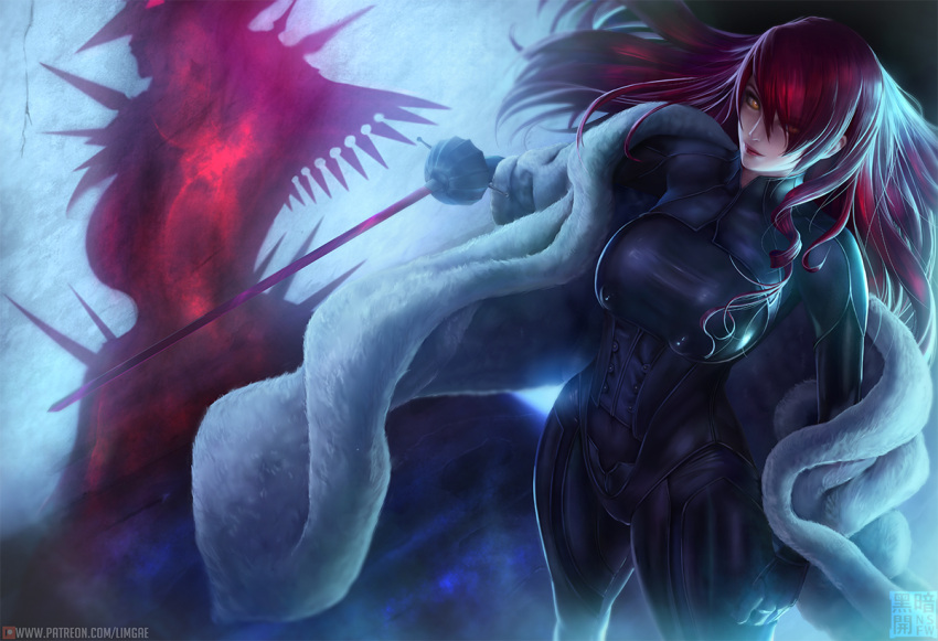 artist_name, bodysuit, coat, covered_nipples, from_above, fur_trim, hair_over_one_eye, kirijou_mitsuru