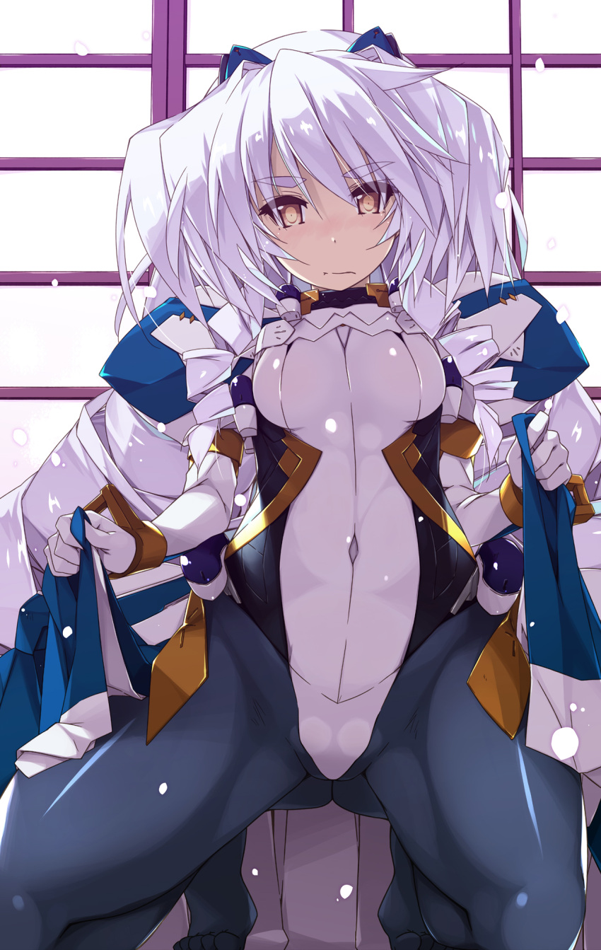 1girl, ass, big_hair, blush, bodysuit, breasts, closed_mouth, coat