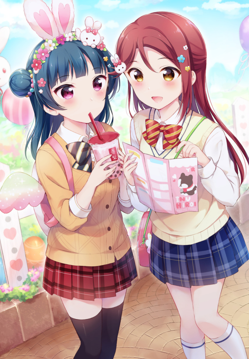2girls, :d, animal_ears, ascii_media_works, backpack, bag, bangs, black_legwear, blue_hair, blue_skirt, blush, bow, bowtie, brochure, bunny_hair_ornament, bushiroad, cardigan, collared_shirt, commentary_request, cup, cute, day, drinking, drinking_straw, easter, easter_egg, egg, flower, hair_flower, hair_ornament, half_updo, hazuki_(sutasuta), highres, holding, holding_cup, kneehighs, long_hair, long_sleeves, love_live!, love_live!_sunshine!!, miniskirt, moe, multiple_girls, open_mouth, orange_cardigan, outdoors, plaid, plaid_skirt, pleated_skirt, pointing, rabbit_ears, red_skirt, redhead, sakurauchi_riko, shirt, shoulder_bag, side_bun, single_stripe, skirt, smile, standing, striped, striped_neckwear, sunrise_(studio), sweater_vest, thigh-highs, tokyo_mx, tsushima_yoshiko, violet_eyes, white_legwear, white_shirt, wings, yellow_eyes