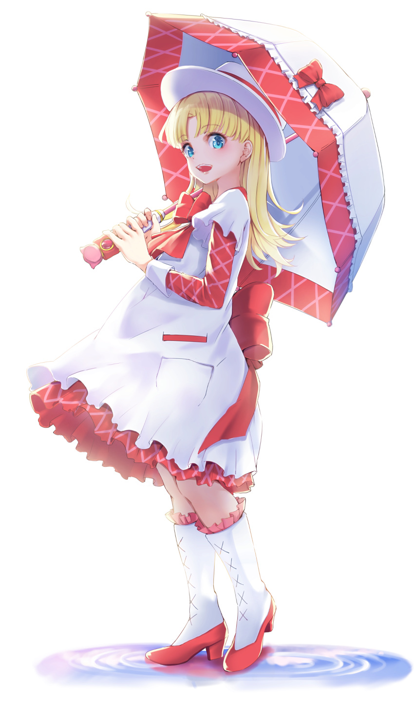 1girl, :d, ashita_no_nadja, bangs, blonde_hair, blue_eyes, blush, boots