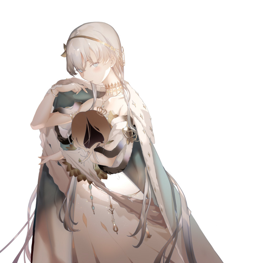 1girl, anastasia_(fate/grand_order), bangs, bare_shoulders, blue_eyes, blush, bracelet, capelet