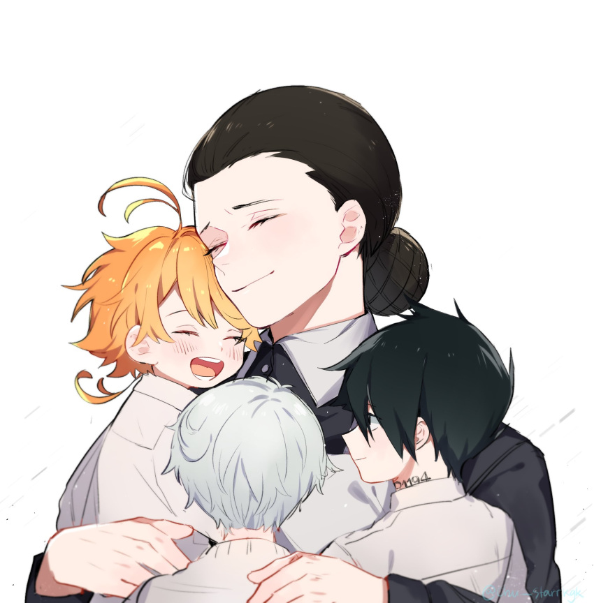 2boys, 2girls, :d, ahoge, apron, artist_name, black_eyes, black_hair, blush, chu_starrkgk, closed_eyes, closed_mouth, collar, commentary, dress, emma_(yakusoku_no_neverland), eyes_visible_through_hair, from_behind, hair_bun, hair_over_one_eye, happy, highres, hug, isabella_(yakusoku_no_neverland), laughing, long_sleeves, looking_at_another, multiple_boys, multiple_girls, neck_tattoo, norman_(yakusoku_no_neverland), number_tattoo, open_mouth, orange_hair, ray_(yakusoku_no_neverland), shirt, short_hair, simple_background, smile, tattoo, teeth, tongue, uniform, white_background, white_hair, white_shirt, yakusoku_no_neverland