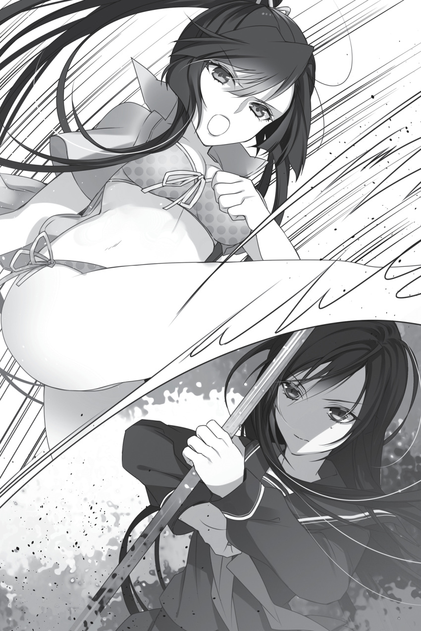 2girls, bikini, collared_shirt, dress_shirt, eyebrows_visible_through_hair, fighting, floating_hair, front-tie_bikini