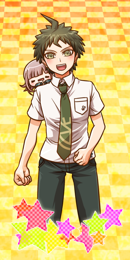 1boy, ahoge, black_pants, brown_hair, character_doll, checkered, checkered_background, collared_shirt