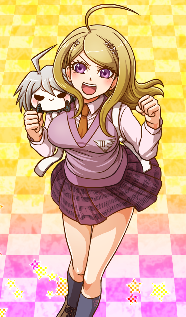 1girl, ahoge, akamatsu_kaede, bangs, blonde_hair, breasts, brown_footwear, brown_neckwear