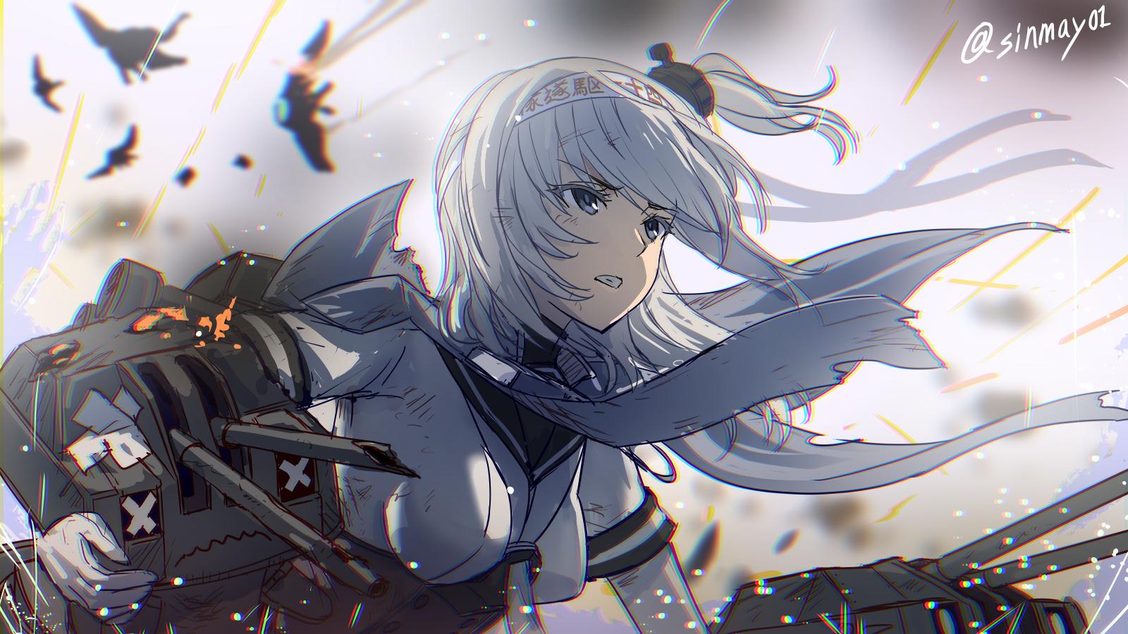 1girl, abyssal_patrolling_attack_hawk, blue_eyes, bodysuit, breasts, cape, chou-10cm-hou-chan_(suzutsuki's), clothes_writing