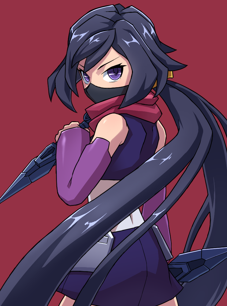 1girl, ayame_(gundam_build_divers), bangs, black_hair, commentary_request, detached_sleeves, face_mask, gundam, gundam_build_divers, hair_ornament, hiro_(vrss5888), japanese_clothes, kimono, kunai, looking_at_viewer, mask, ninja, ninja_mask, pouch, red_scarf, reverse_grip, scarf, shiny, shiny_hair, short_hair, short_kimono, sidelocks, sleeveless, solo, split_ponytail, very_short_hair, violet_eyes, weapon
