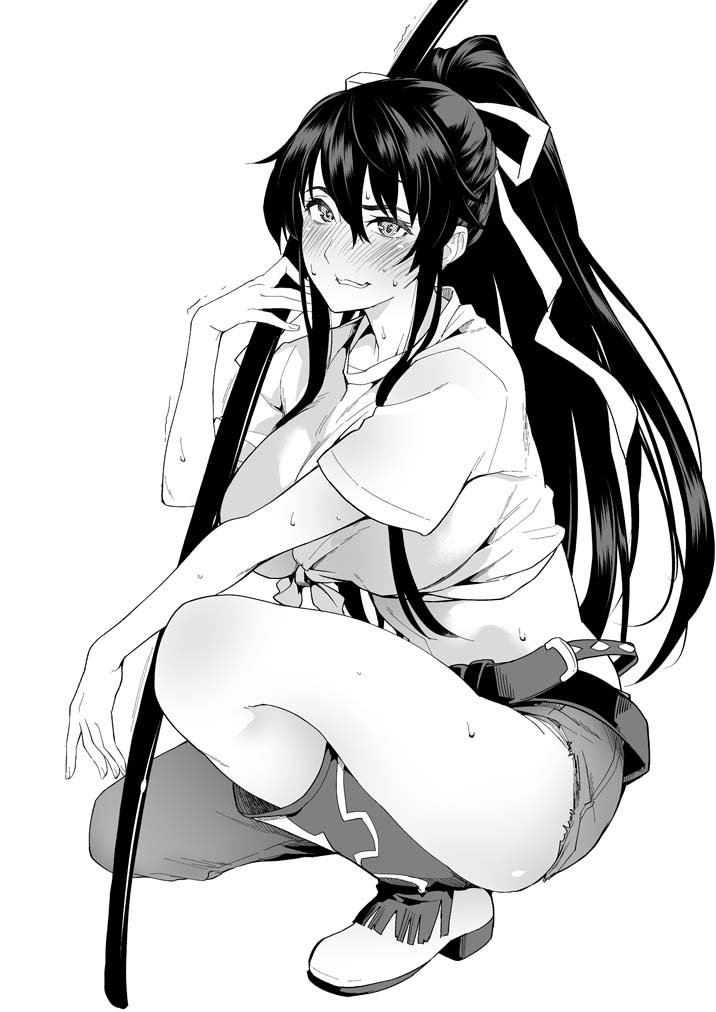 1girl, asymmetrical_clothes, bangs, belt, black_hair, blush, boots, breasts, commentary_request, greyscale, hair_tie, high_heel_boots, high_heels, high_ponytail, holding, holding_sword, holding_weapon, kanzaki_kaori, large_breasts, long_hair, midriff, monochrome, ootachi, shirt, short_sleeves, single_pantsleg, soba_(saz), squatting, sweat, sweatdrop, sword, t-shirt, thighs, tied_shirt, to_aru_majutsu_no_index, very_long_hair, weapon