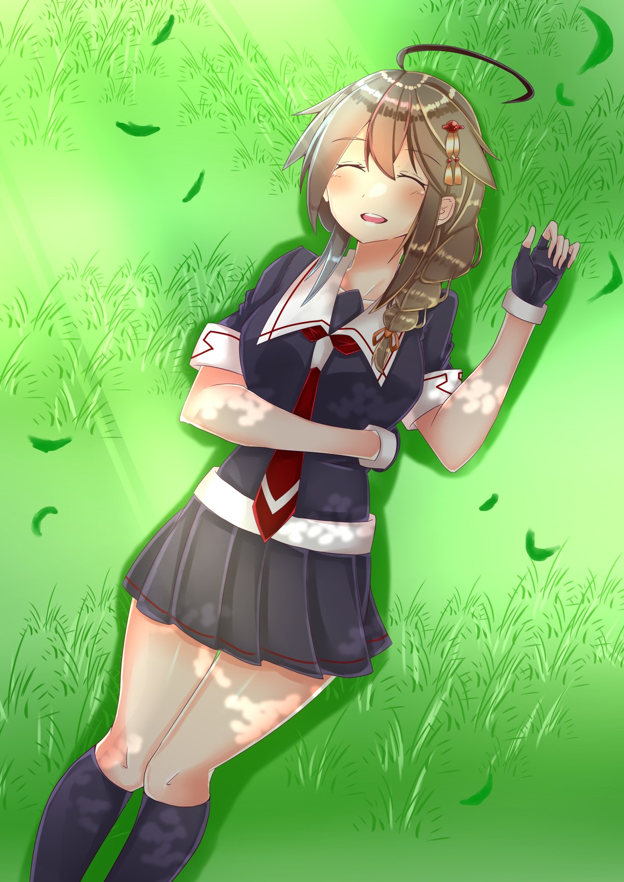 1girl, ahoge, ame_kami_chisato, blush, braid, brown_hair, closed_eyes, commentary