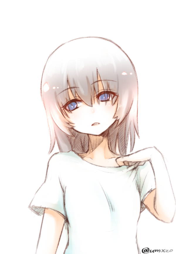 1girl, adjusting_shirt, bangs, blue_eyes, bright_pupils, casual, commentary, eyebrows_visible_through_hair