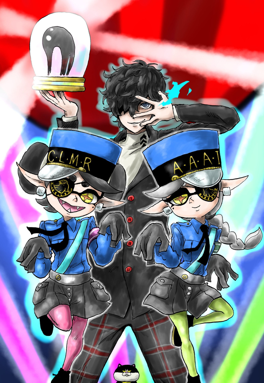 +_+, 1boy, 2girls, absurdres, alternate_hairstyle, amamiya_ren, aori_(splatoon), assist_trophy