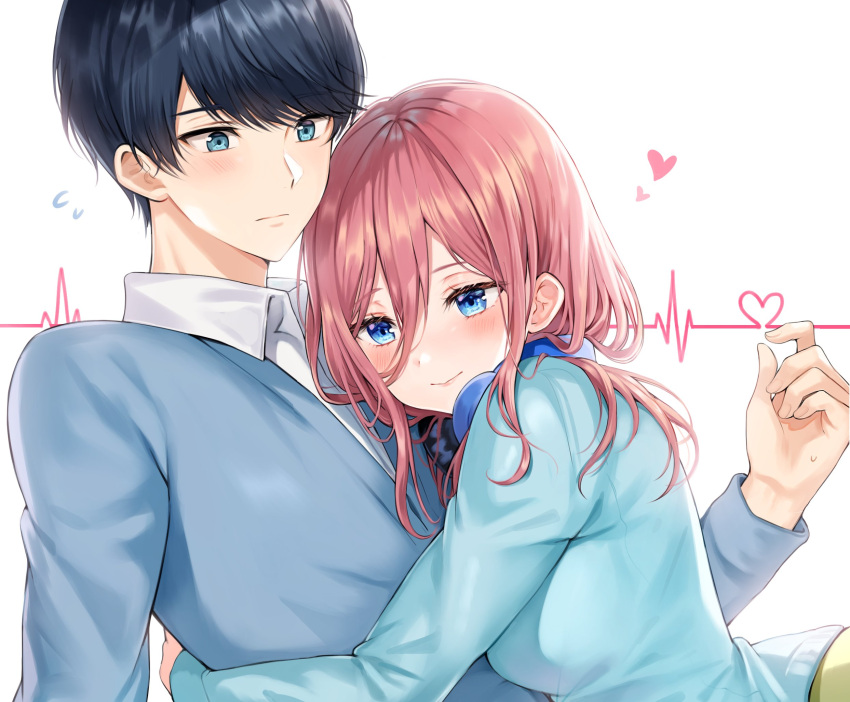 1boy, 1girl, bangs, black_hair, blue_cardigan, blue_eyes, blue_sweater, blush