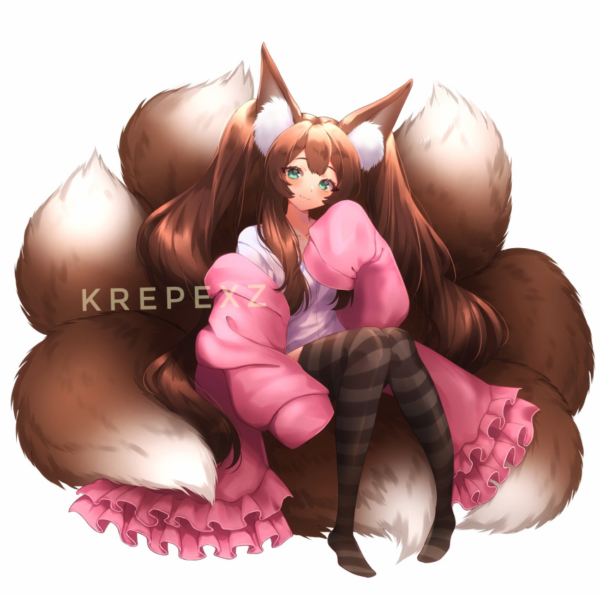 1girl, animal_ear_fluff, animal_ears, black_legwear, blush, brown_hair, cardigan, closed_eyes