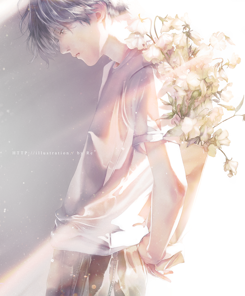 1boy, arms_behind_back, artist_name, backlighting, black_hair, commentary_request, denim, expressionless