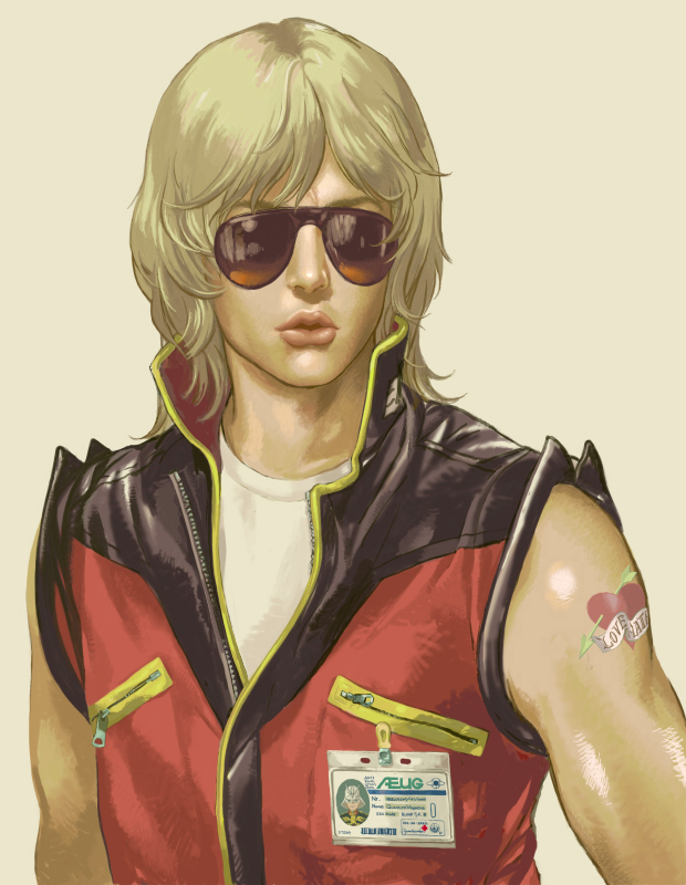 aviator_glasses, blonde_hair, char_aznable, cobra_(film), gundam, jacket, lips, mootan