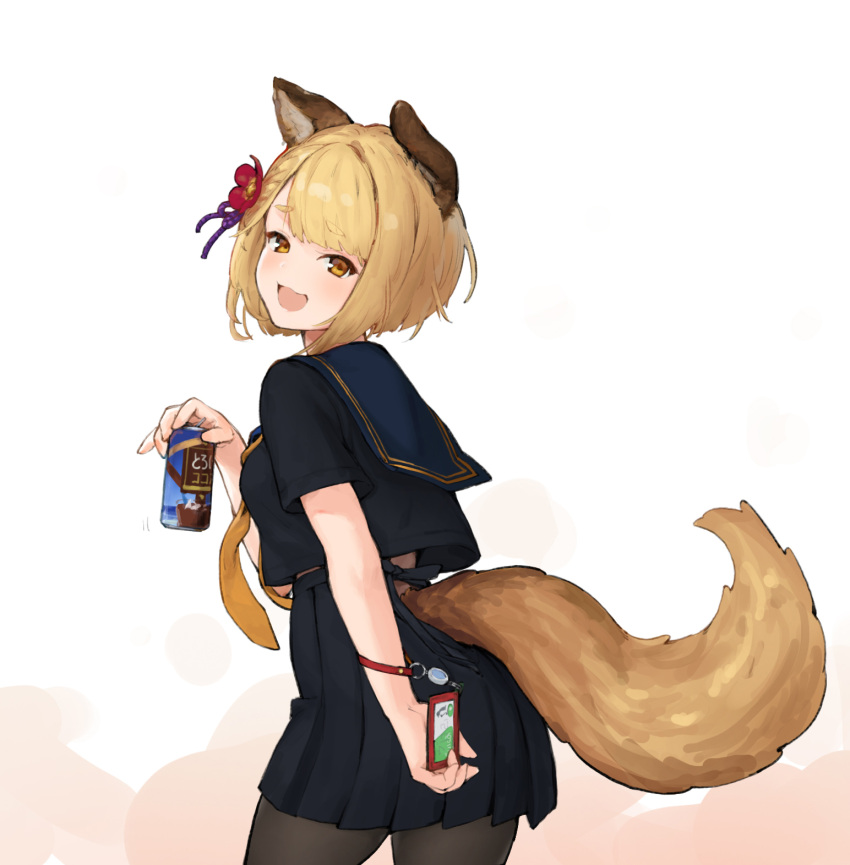 1girl, :3, :d, alternate_costume, animal_ears, bangs, black_legwear, black_skirt