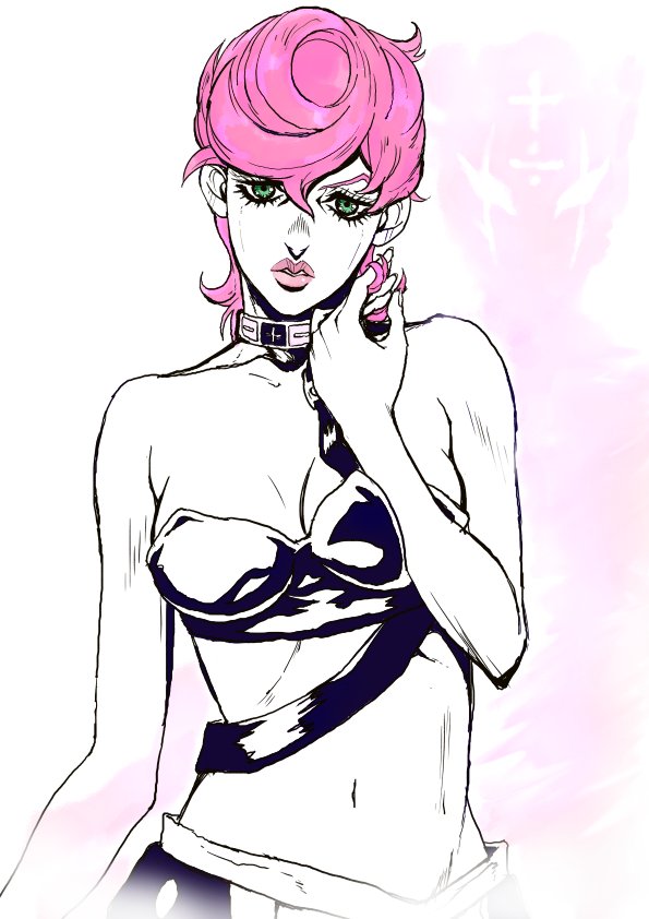 1girl, green_eyes, jojo_no_kimyou_na_bouken, lipstick, looking_at_viewer, machida_shin'ichi, makeup, pink_hair