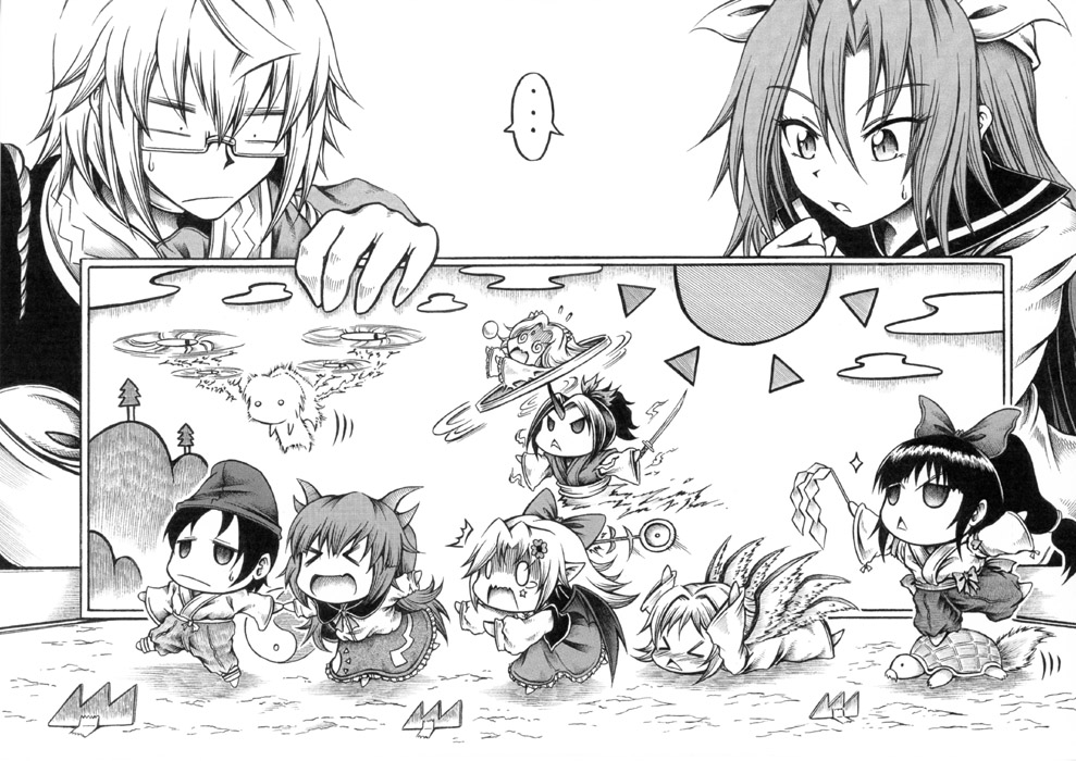 >_<, ..., ._., /\/\/\, 3boys, 6+girls, @_@, balancing