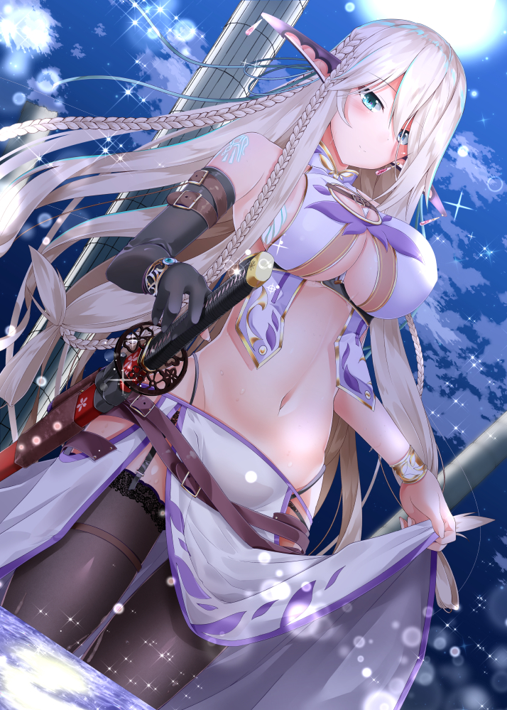 1girl, aqua_eyes, backlighting, bangle, bangs, belt, black_gloves, black_legwear, black_panties, blue_eyes, blush, bracelet, bracer, braid, breasts, cleavage_cutout, clouds, commentary_request, crop_top, earrings, elbow_gloves, elf, eyebrows_visible_through_hair, full_moon, garter_straps, gloves, gold, groin, hair_between_eyes, hair_ornament, heterochromia, highleg, highleg_panties, holding, holding_sword, holding_weapon, jewelry, katana, large_breasts, lifted_by_self, light_particles, long_hair, looking_at_viewer, moon, multiple_braids, navel, night, original, panties, pelvic_curtain, pointy_ears, ruby_(gemstone), sapphire_(gemstone), sheath, sheathed, shirosuzu, shoulder_tattoo, sidelocks, single_elbow_glove, skirt, skirt_lift, sky, sleeveless_crop_top, solo, star_(sky), starry_sky, stomach, sword, tattoo, thigh-highs, under_boob, underbust, underwear, very_long_ears, very_long_hair, wading, weapon, white_hair