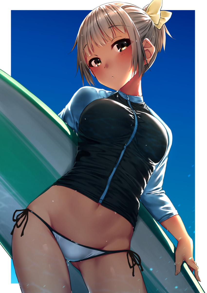 1girl, ass_visible_through_thighs, behind_back, bikini, bikini_bridge, blue_background, blush, border, breasts, brown_eyes, brown_hair, commentary, contrapposto, dutch_angle, from_below, groin, groin_tendon, hair_ribbon, highres, holding_surfboard, medium_breasts, navel, original, outside_border, rash_guard, rerrere, ribbon, side-tie_bikini, solo, surfboard, swimsuit, wet, white_bikini, white_border, yellow_ribbon