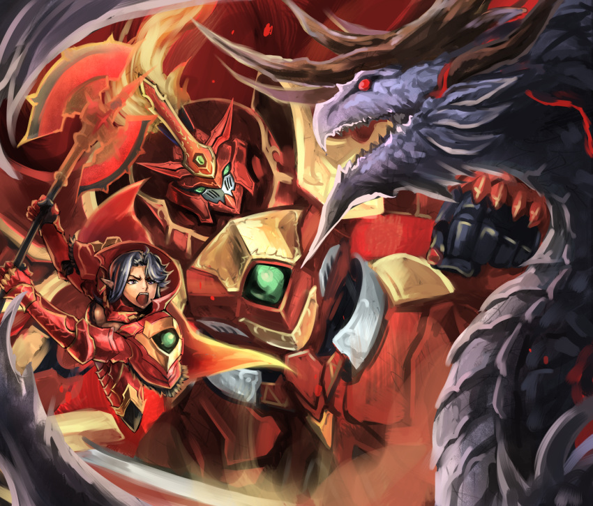 1girl, axe, clenched_hand, commentary_request, dragon, fennachtur, highres, holding