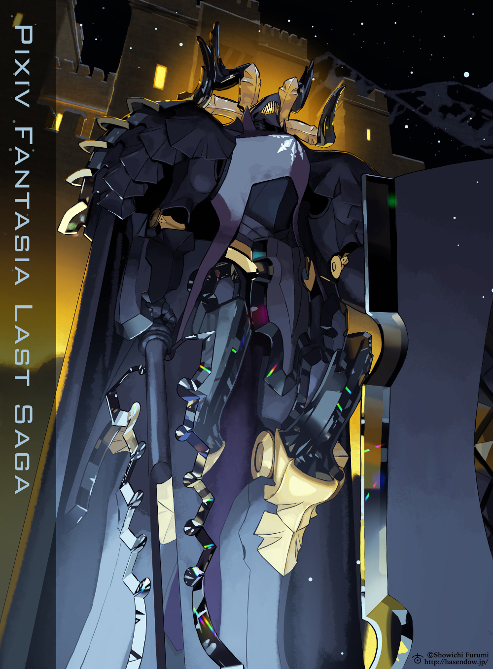 artist_name, black_sky, building, copyright_name, furumi_shouichi, highres, keivan, mecha