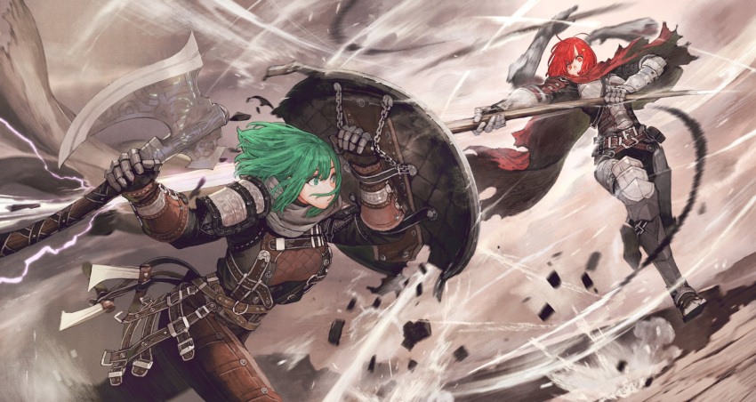 2girls, angry, armor, armored_boots, axe, axe_(seojh1029), battle, belt