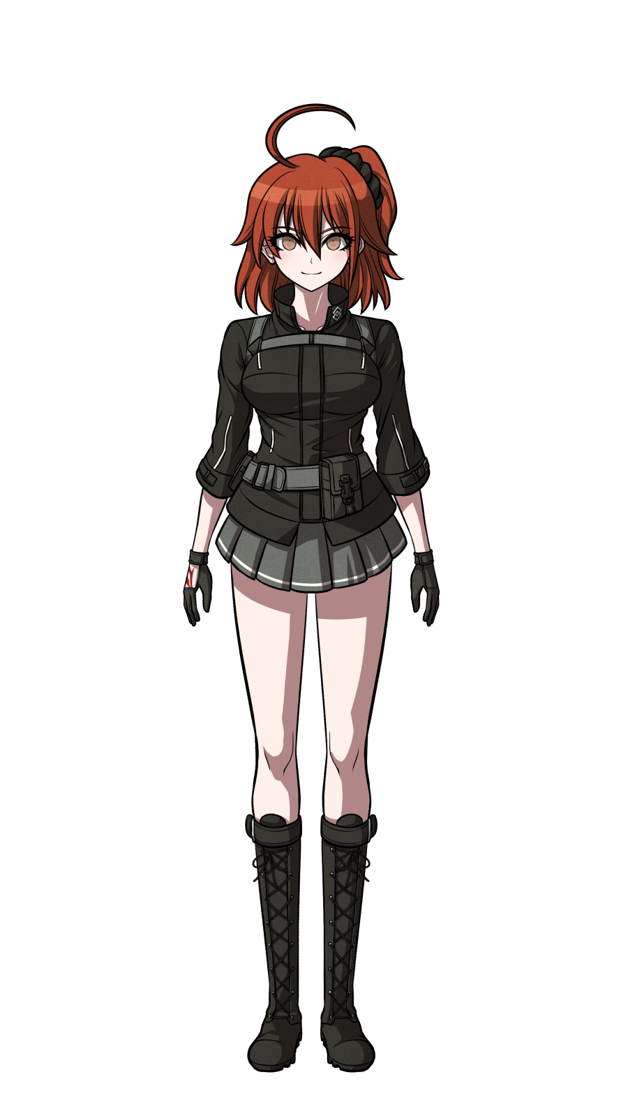 1girl, ahoge, belt, black_footwear, black_gloves, black_jacket, black_scrunchie, boots