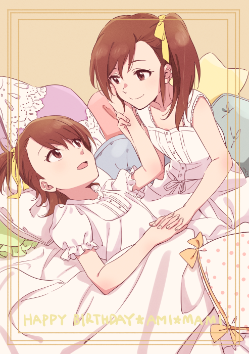2girls, :d, asymmetrical_hair, brown_eyes, brown_hair, collarbone, demirinz, dress