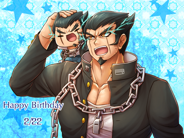 1boy, :d, beard, black_hair, black_jacket, blue_background, chain, character_doll