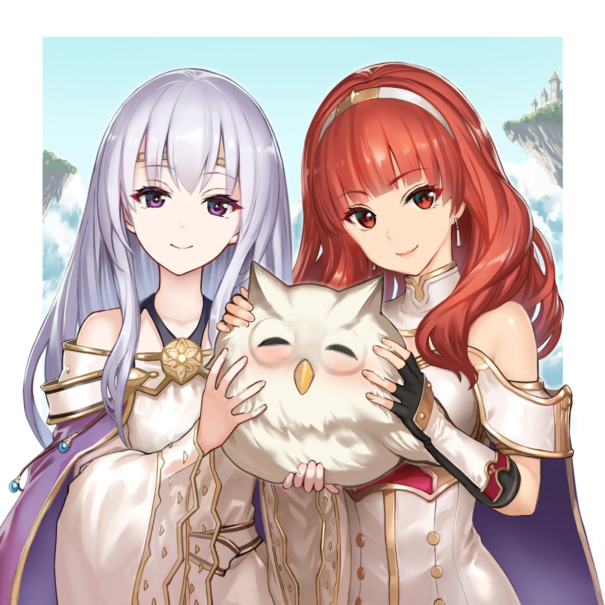 2girls, arm_guards, armor, bare_shoulders, bird, black_gloves, breastplate, cape